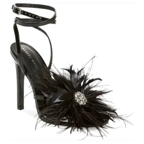 Azalea Wang Shoes - Azalea Wang Heels 6 Black Ankle Strap Feathers Stiletto whimsygoth Witchy NWOB